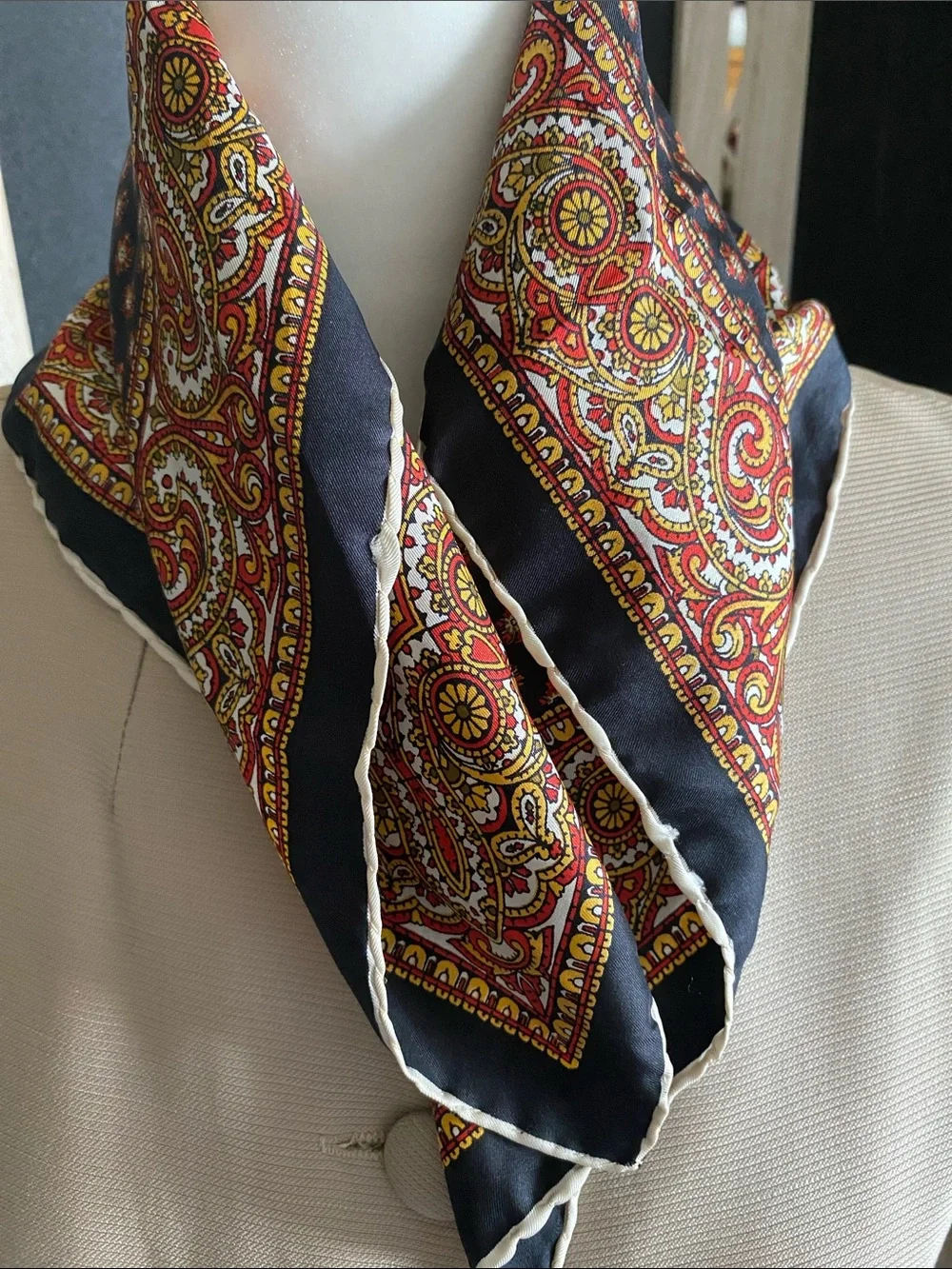 Dumont Vintage Men's Black Silk Paisley-Neck Scarf with Red & Gold Accents